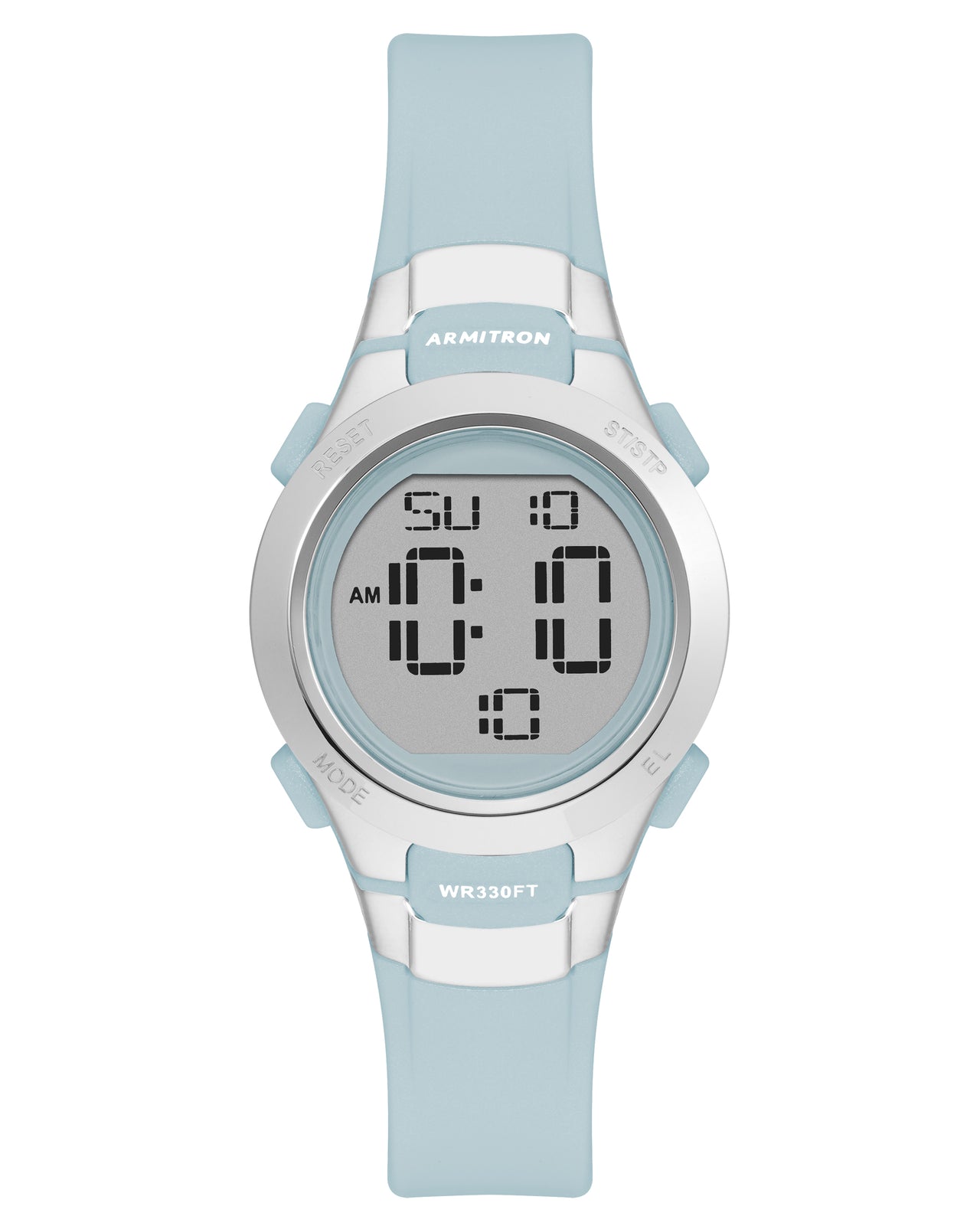 Digital watch with light blue strap and white display on a white background