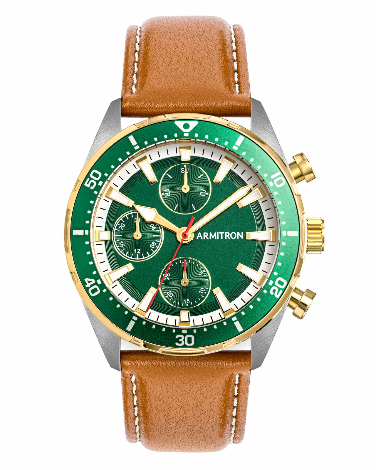 Orologio Armitron Uomo Con Cinturino In Pelle Marrone, Cassa Bicolore, Datario Giorno E Data, Resistente 50 Metri